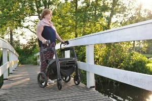 a woman with a stroller on a bridge